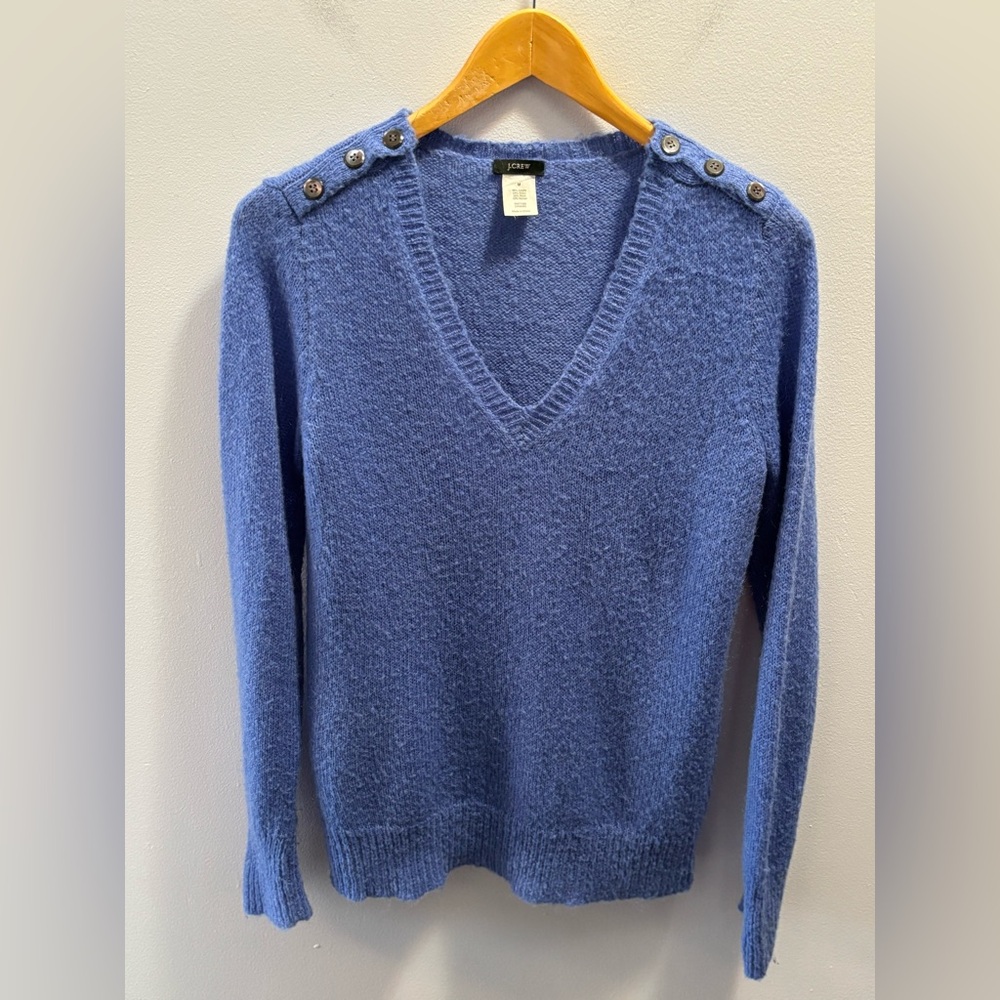 J. CREW Mohair Wool Blend V-Neck Sweater Shoulder Button Detail Sz Medium Preppy
